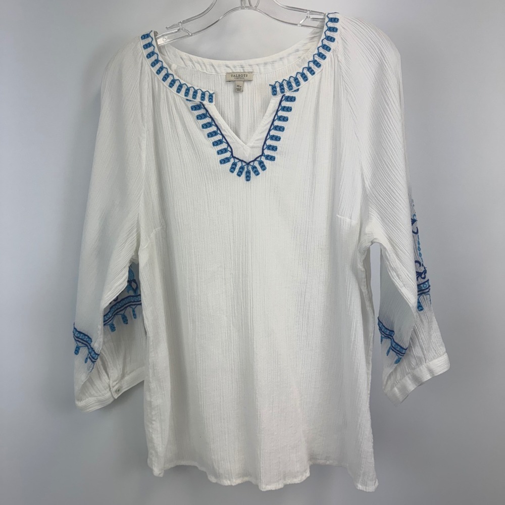 Talbots Petite White‎ Blue Embroidered Cotton Gauze Blouse Top XLP XL Petite